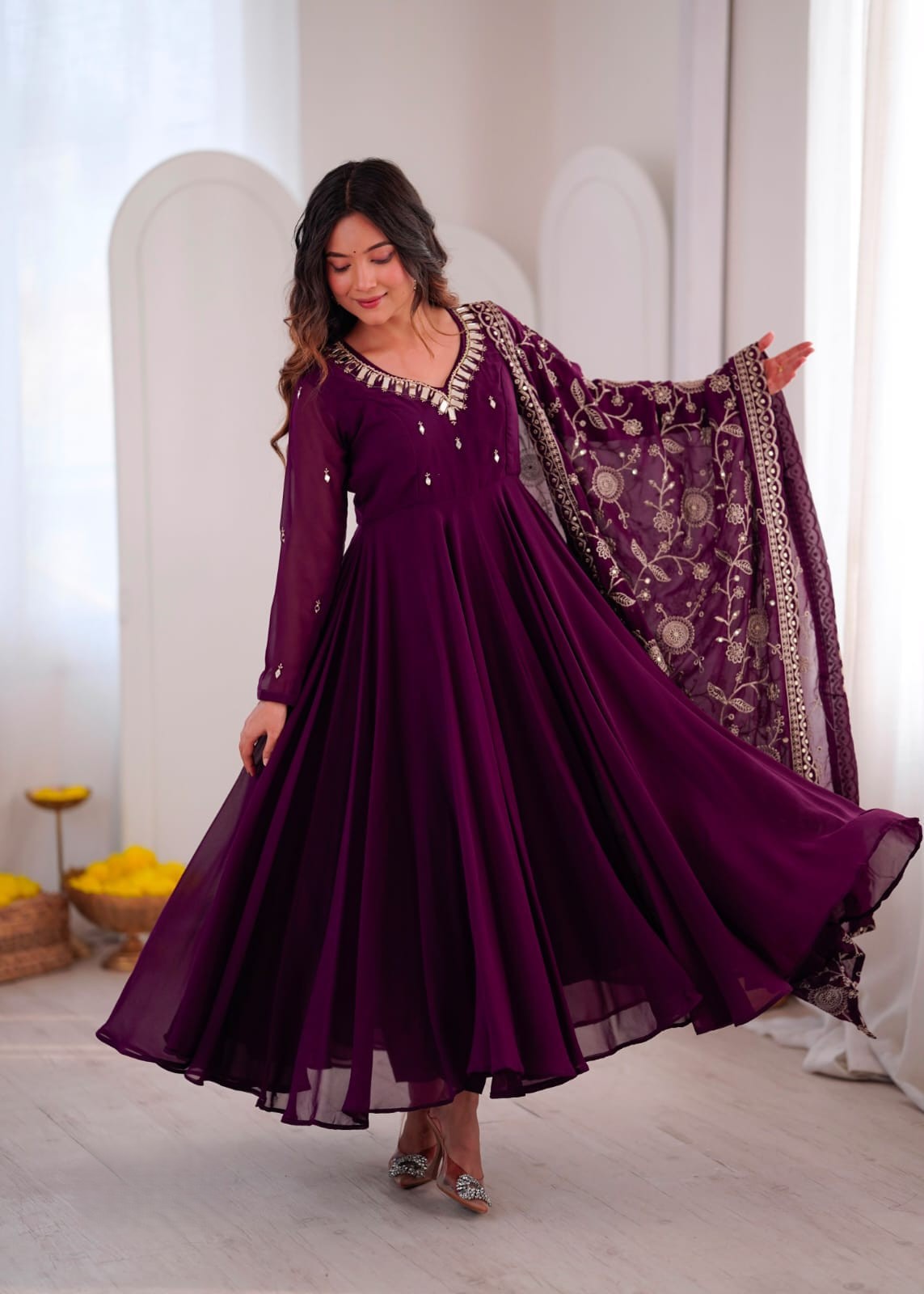 Heavy Faux Georgette Khatli Work With Real Mirror Anarkali Set